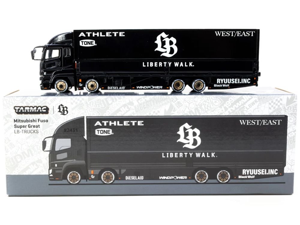 Mitsubishi Fuso Super Great Truck RHD (Right Hand Drive) with Transporter "Liberty Walk" Black "Truck64" Series 1/64 Diecast Model Car by Tarmac Works view 3