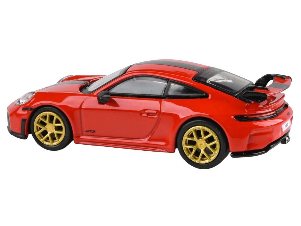 2025 Porsche 911 GT3 (992.2) Guards Red with Carbon Stripe and Gold Wheels 1/64 Diecast Model Car by Paragon Models view 2