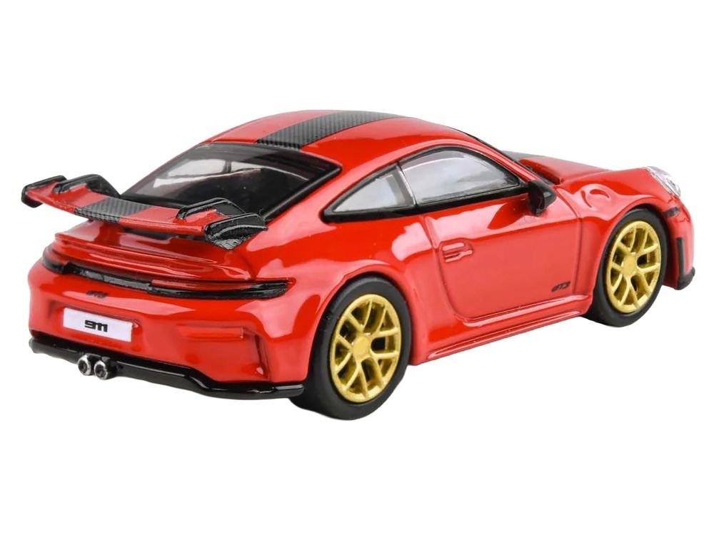 2025 Porsche 911 GT3 (992.2) Guards Red with Carbon Stripe and Gold Wheels 1/64 Diecast Model Car by Paragon Models view 3