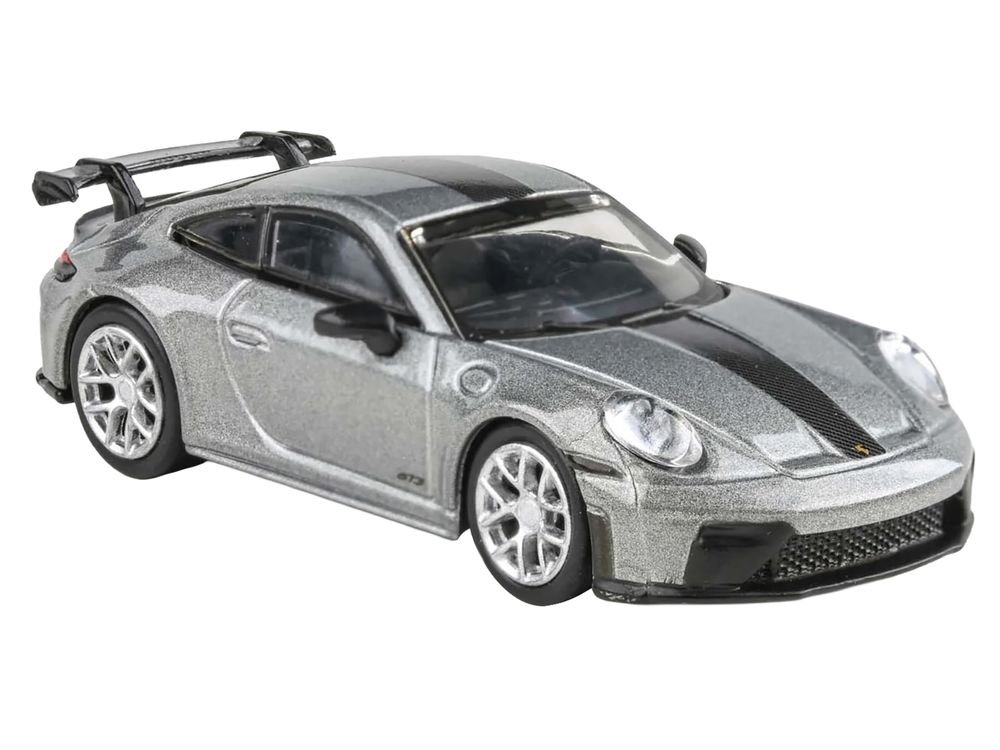 2025 Porsche 911 GT3 (992.2) GT Silver Metallic with Carbon Stripe 1/64 Diecast Model Car by Paragon Models view 2