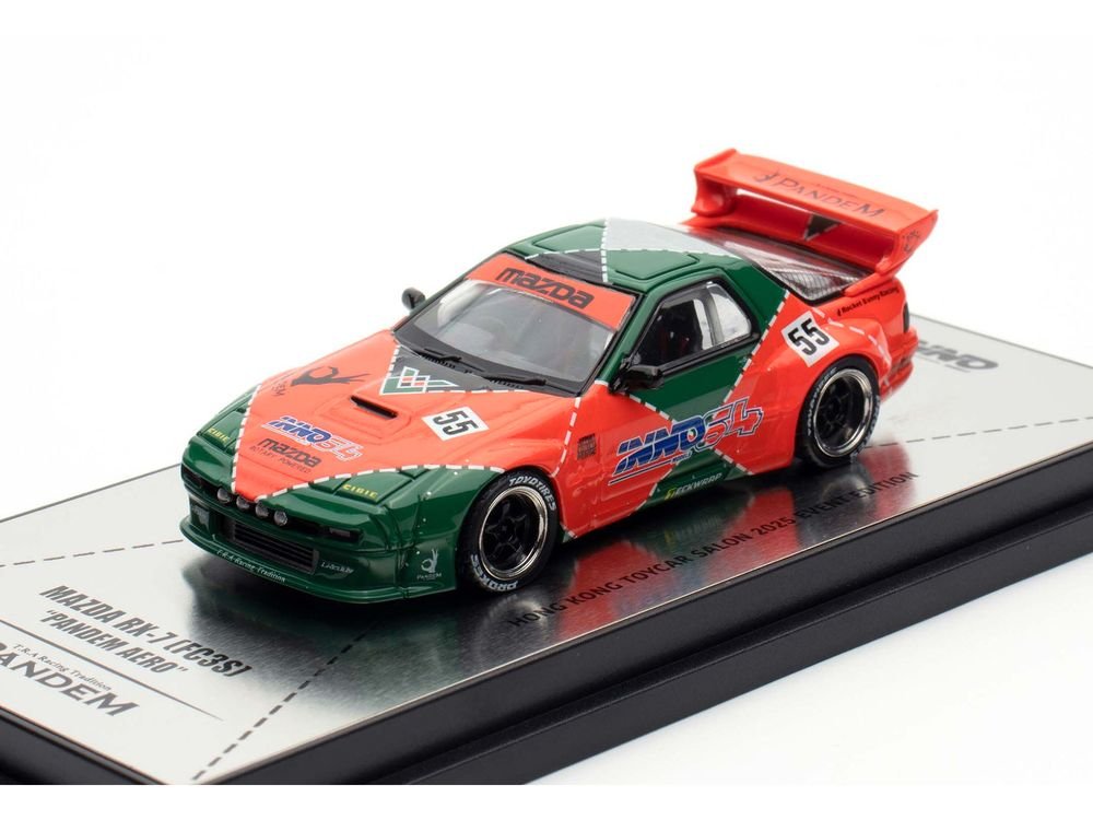 Mazda RX7 (FC3S) "Pandem Aero" RHD (Right Hand Drive) #55 Red and Green "Hong Kong Toycar Salon 2025 Event Edition" 1/64 Diecast Model Car by Inno Models view 4