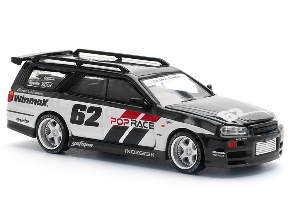 GT-R Stagea RHD (Right Hand Drive) #62 "Simon's Garage" Black with White Sides 1/64 Diecast Model Car by Pop Race view 2