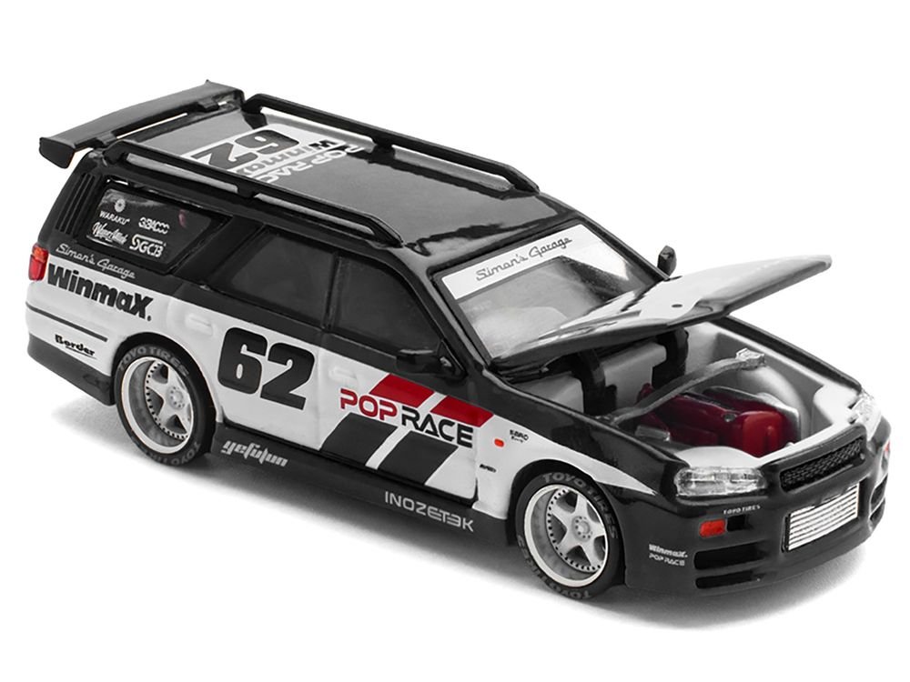 GT-R Stagea RHD (Right Hand Drive) #62 "Simon's Garage" Black with White Sides 1/64 Diecast Model Car by Pop Race view 3