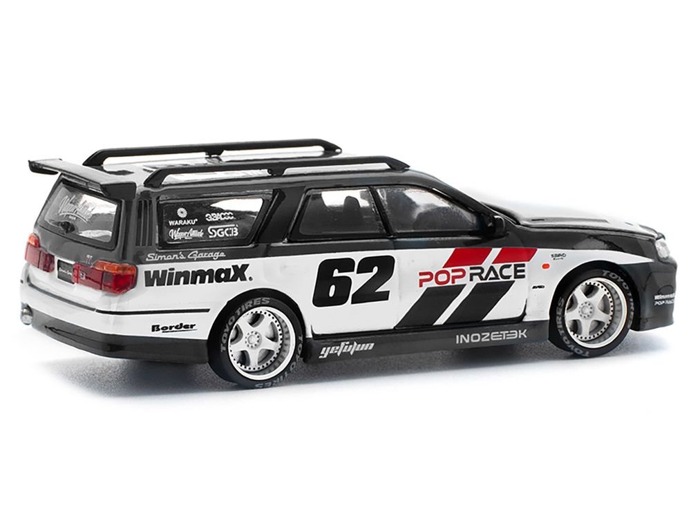 GT-R Stagea RHD (Right Hand Drive) #62 "Simon's Garage" Black with White Sides 1/64 Diecast Model Car by Pop Race view 4