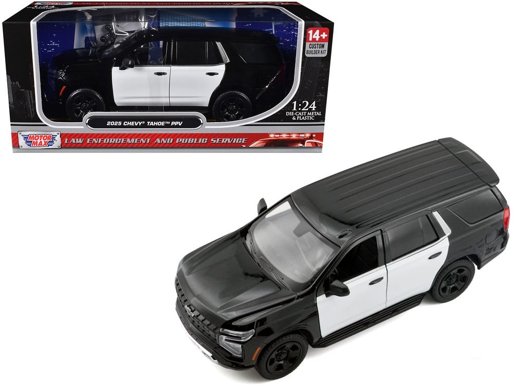 2025 Chevrolet Tahoe PPV Black and White "Custom Builder's Kit - Law Enforcement and Public Service" Series 1/24 Diecast Model Car by Motormax