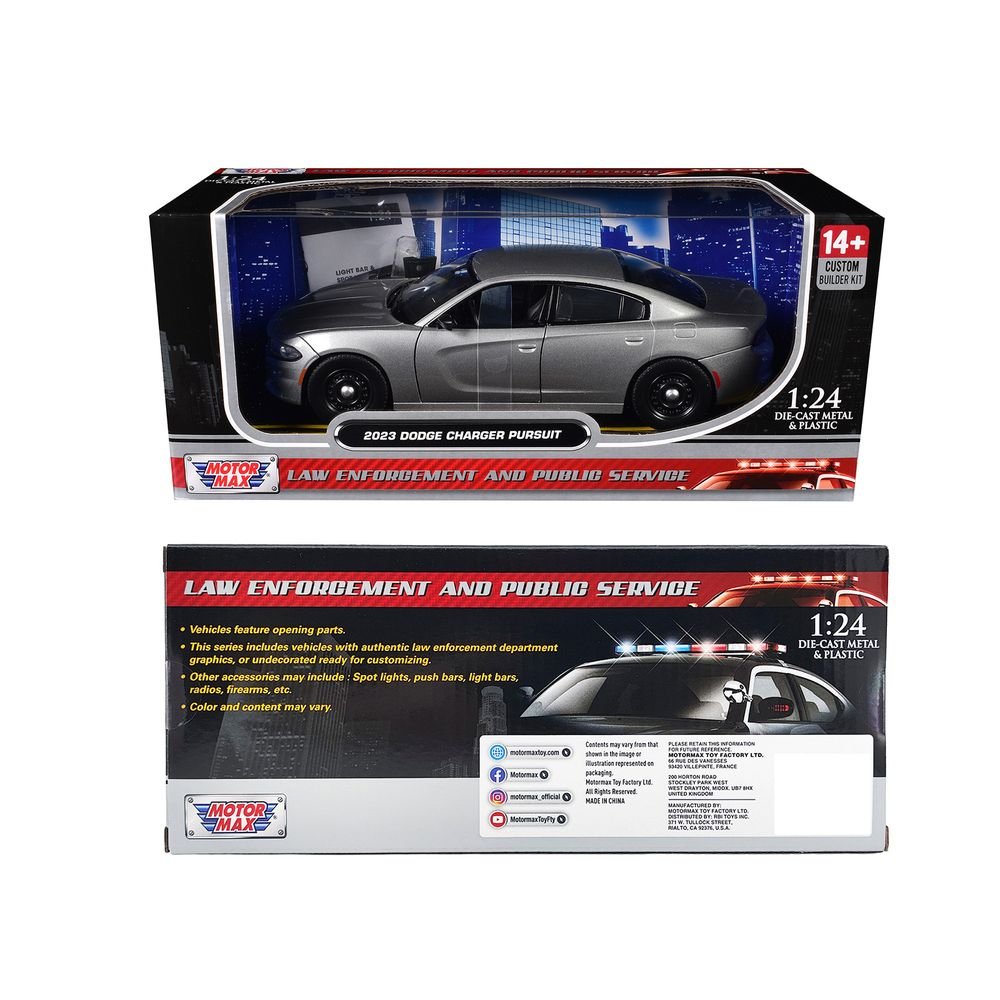 2023 Dodge Charger Pursuit Police Car Silver Metallic "Custom Builder's Kit - Law Enforcement and Public Service" Series 1/24 Diecast Model Car by Motormax view 3