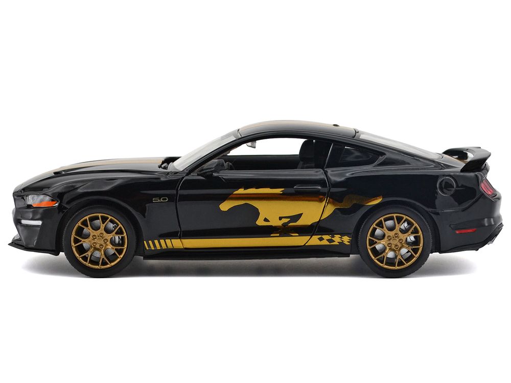 2018 Ford Mustang GT 5.0 Black with Gold Stripes and Graphics "Midnight Eclipse" Series 1/24 Diecast Model Car by Motormax view 2