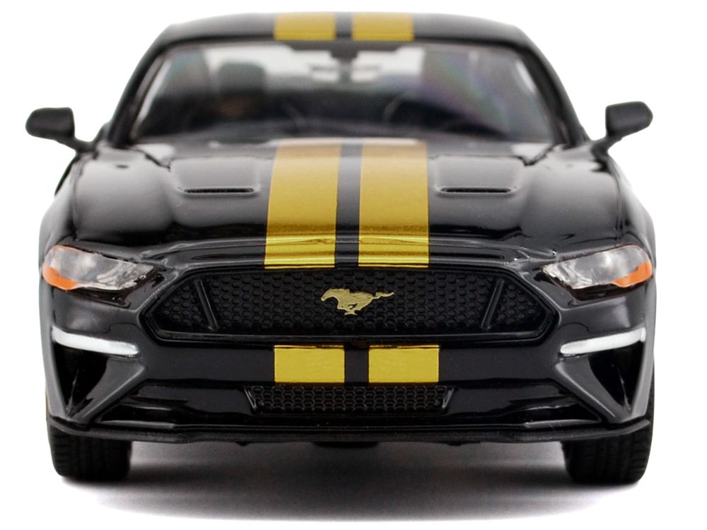 2018 Ford Mustang GT 5.0 Black with Gold Stripes and Graphics "Midnight Eclipse" Series 1/24 Diecast Model Car by Motormax view 3