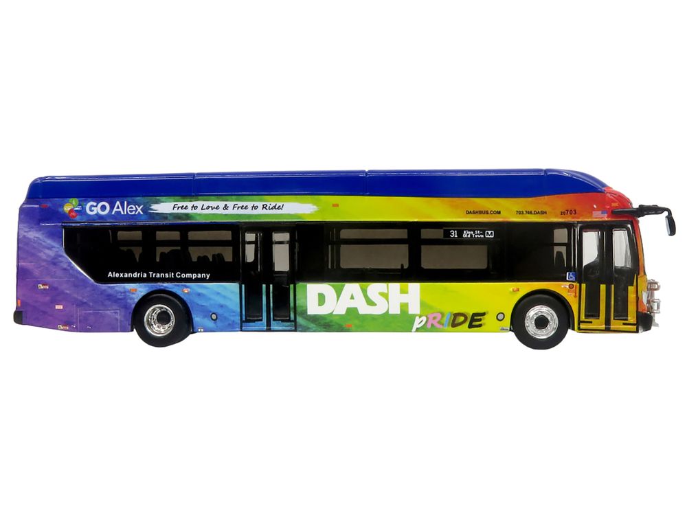 New Flyer Xcelsior XN40 Transit Bus "DASH Pride Livery" Blue with Rainbow Graphics "The Bus & Motorcoach Collection" Limited Edition 1/87 (HO) Diecast Model by Iconic Replicas view 2