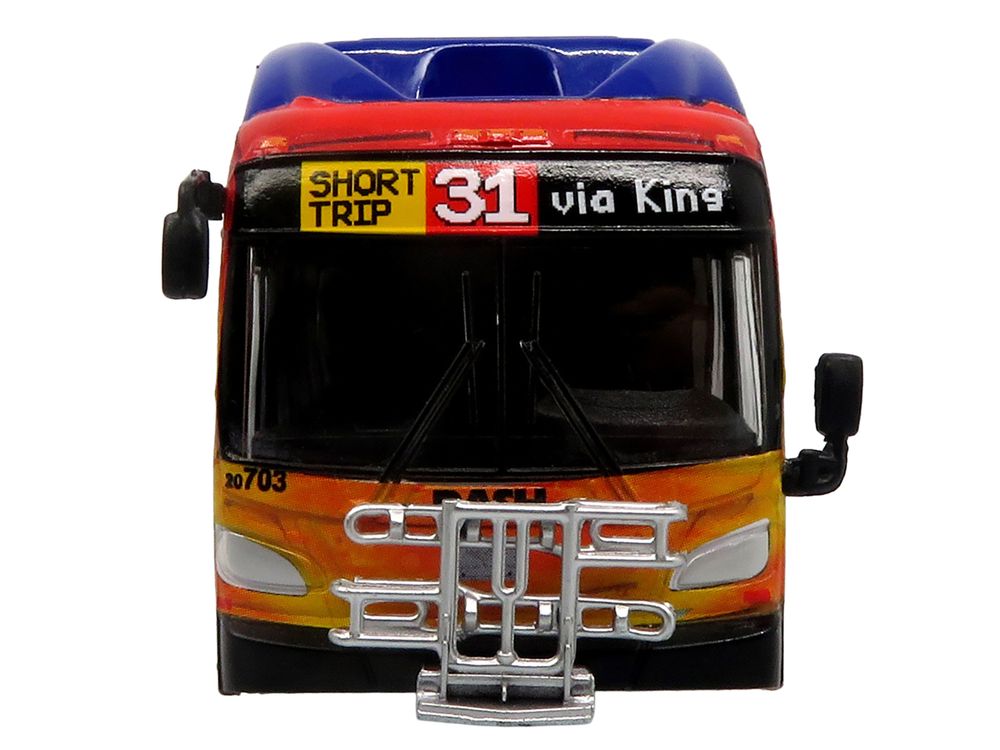 New Flyer Xcelsior XN40 Transit Bus "DASH Pride Livery" Blue with Rainbow Graphics "The Bus & Motorcoach Collection" Limited Edition 1/87 (HO) Diecast Model by Iconic Replicas view 4
