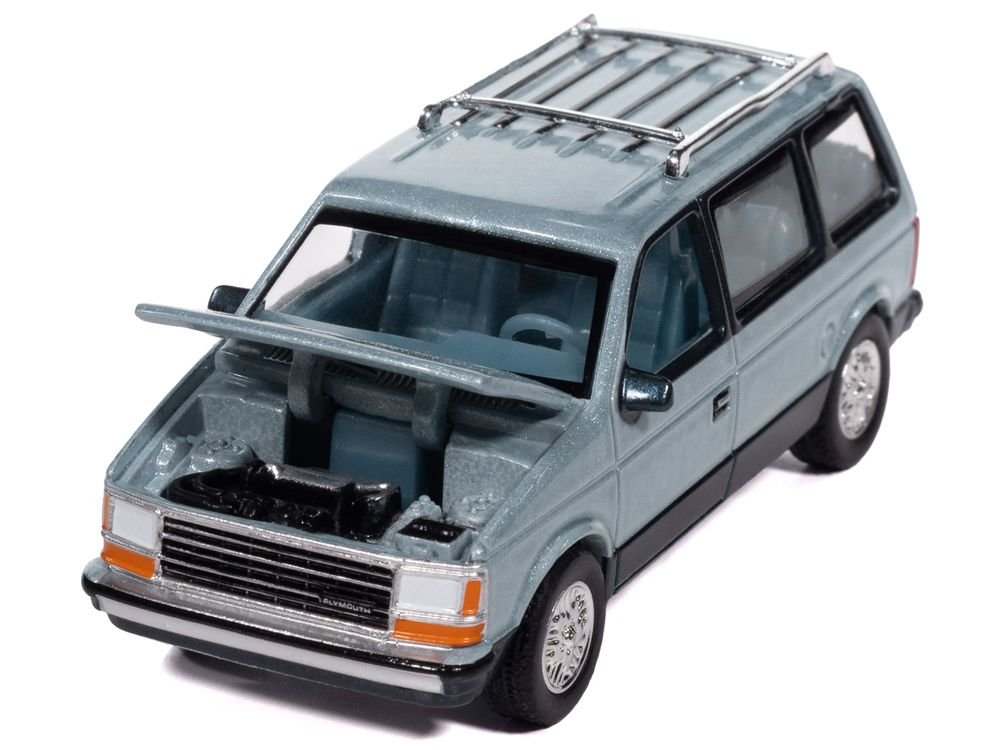 1987 Plymouth Voyager Van Ice Blue Metallic and Twilight Blue Metallic 2-Tone with Blue Interior "Mighty Minivans" Series 1/64 Diecast Model Car by Auto World view 2