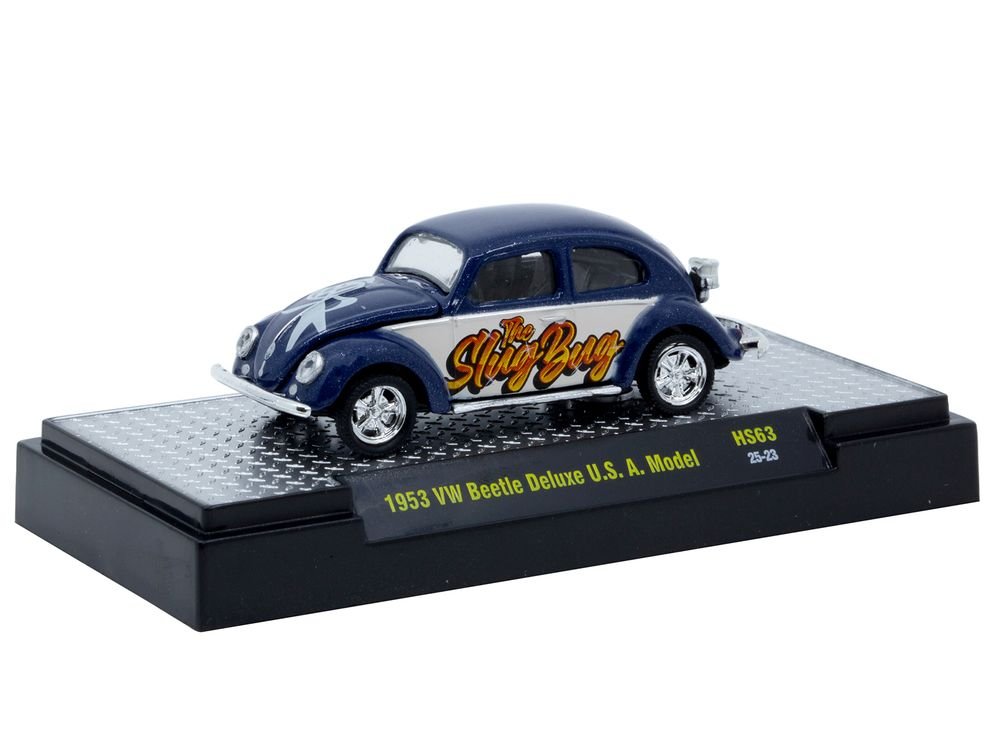 1953 Volkswagen Beetle Deluxe USA Model "The Slug Bug" Blue Metallic with White Sides Limited Edition to 5566 pieces Worldwide 1/64 Diecast Model Car by M2 Machines view 2
