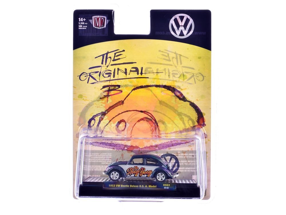 1953 Volkswagen Beetle Deluxe USA Model "The Slug Bug" Blue Metallic with White Sides Limited Edition to 5566 pieces Worldwide 1/64 Diecast Model Car by M2 Machines view 3