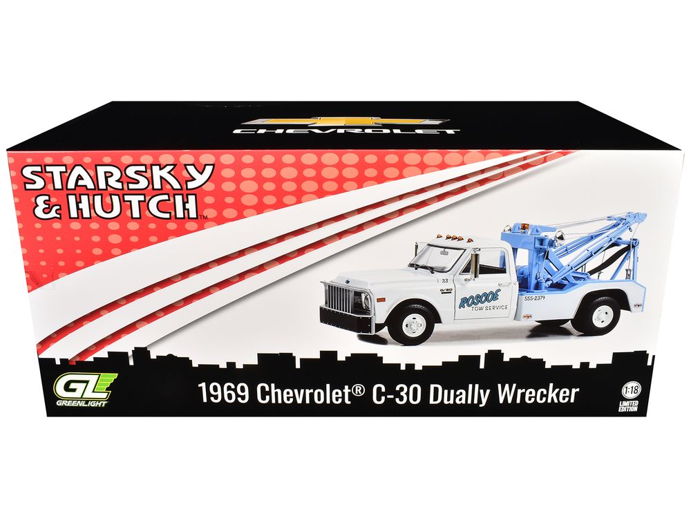 1969 Chevrolet C-30 Dually Wrecker Tow Truck "Roscoe Tow Service" White "Starsky and Hutch" (1975-1979) TV Series 1/18 Diecast Model Car by Greenlight view 3