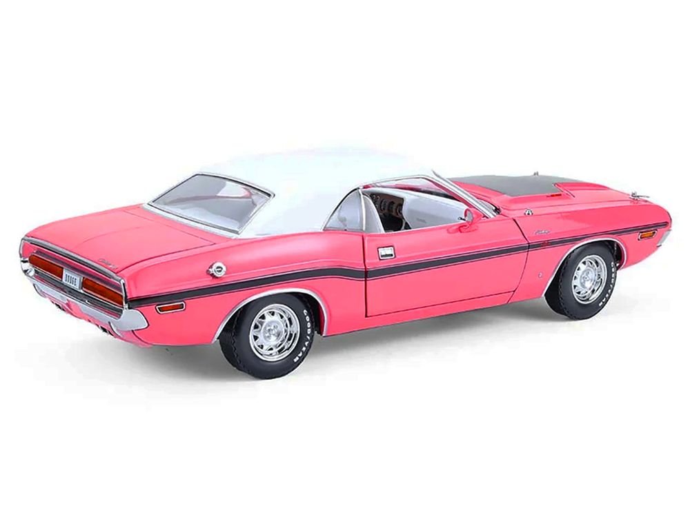1970 Dodge Challenger R/T 440 Six Pack Panther Pink with Black Stripes White Top and White Interior 1/18 Diecast Model Car by Greenlight view 5