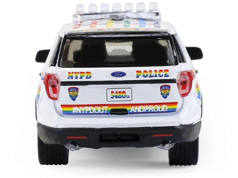 2016 Ford Police Interceptor Utility "New York Police Department (NYPD) Pride Livery" White with Rainbow Stripes "Hot Pursuit" Series 47 1/64 Diecast Model Car by Greenlight view 3