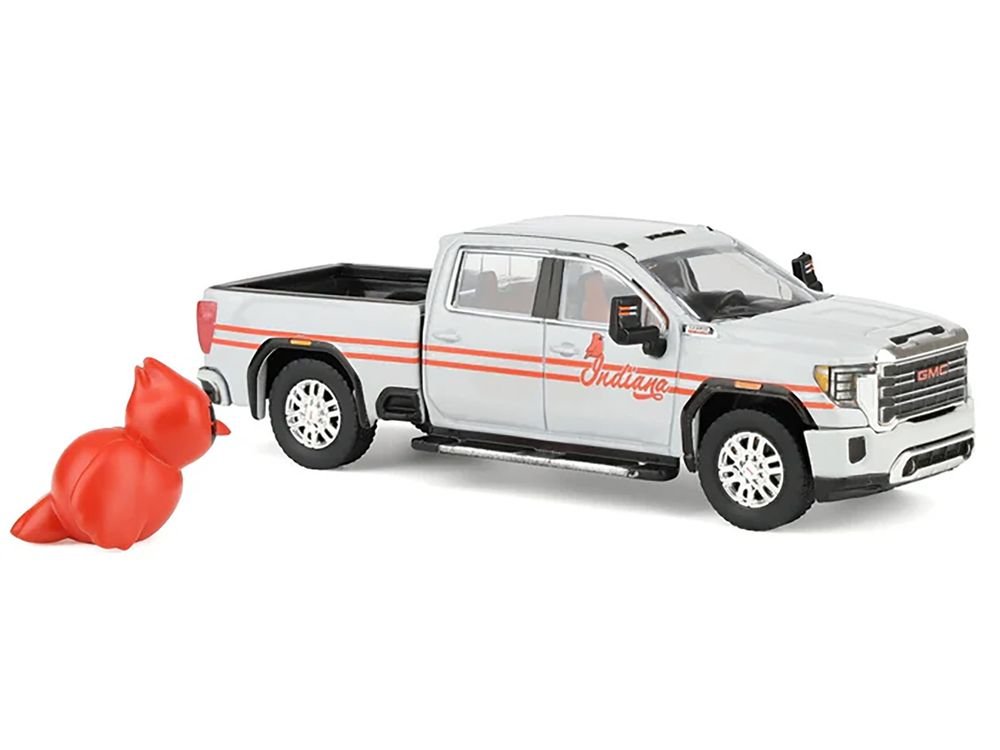 2022 GMC Sierra 3500 HD Pickup Truck "Indiana Cardinals" Silver Metallic with Red Stripes and Cardinal Figure "2025 Greenlight Waltersons Collector's Expo Exclusive" 1/64 Diecast Model Car by Greenlight view 2