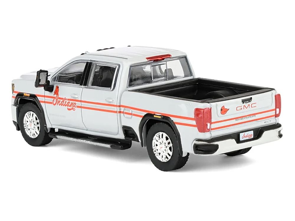 2022 GMC Sierra 3500 HD Pickup Truck "Indiana Cardinals" Silver Metallic with Red Stripes and Cardinal Figure "2025 Greenlight Waltersons Collector's Expo Exclusive" 1/64 Diecast Model Car by Greenlight view 3