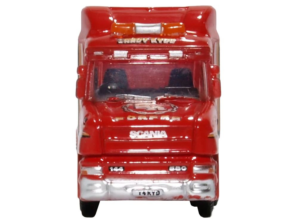 Scania T-Cab Truck RHD (Right Hand Drive) with Lowboy Trailer "Sandy Kydd" Red with Stripes 1/148 (N) Scale Diecast Model Car by Oxford Diecast view 3