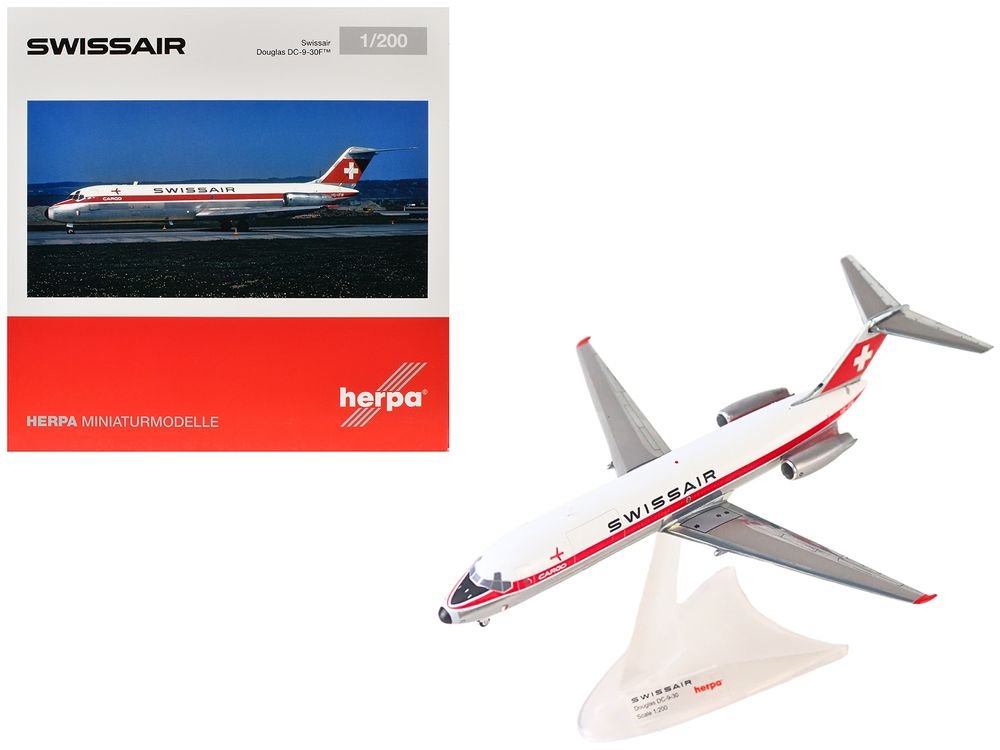Douglas DC-9-30F Commercial Aircraft "Swissair" (HB-IFW) White with Red Stripes 1/200 Diecast Model Airplane by Herpa