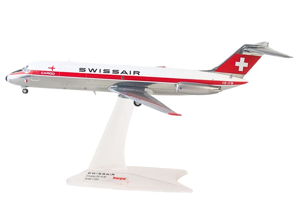 Douglas DC-9-30F Commercial Aircraft "Swissair" (HB-IFW) White with Red Stripes 1/200 Diecast Model Airplane by Herpa view 2