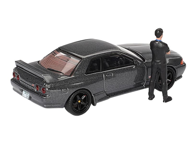 Nissan Skyline GT-R (R32) RHD (Right Hand Drive) Gunmetal Gray Metallic with Tsugio Matsuda Figure Limited Edition 1/64 Diecast Model Car by Mini GT view 3