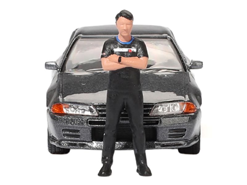 Nissan Skyline GT-R (R32) RHD (Right Hand Drive) Gunmetal Gray Metallic with Tsugio Matsuda Figure Limited Edition 1/64 Diecast Model Car by Mini GT view 4