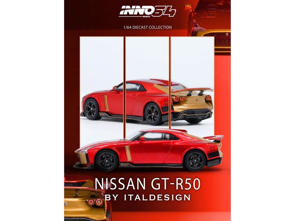 Nissan GT-R50 By ItalDesign Red Metallic with Gold Accents 1/64 Diecast Model Car by Inno Models view 3