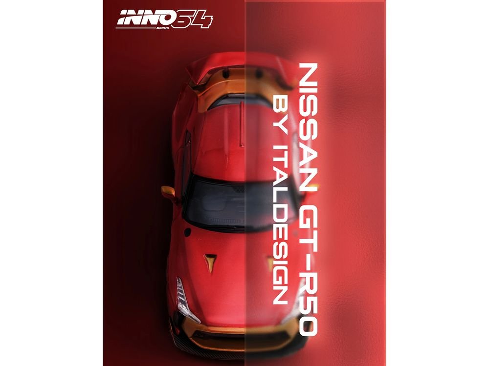 Nissan GT-R50 By ItalDesign Red Metallic with Gold Accents 1/64 Diecast Model Car by Inno Models view 4
