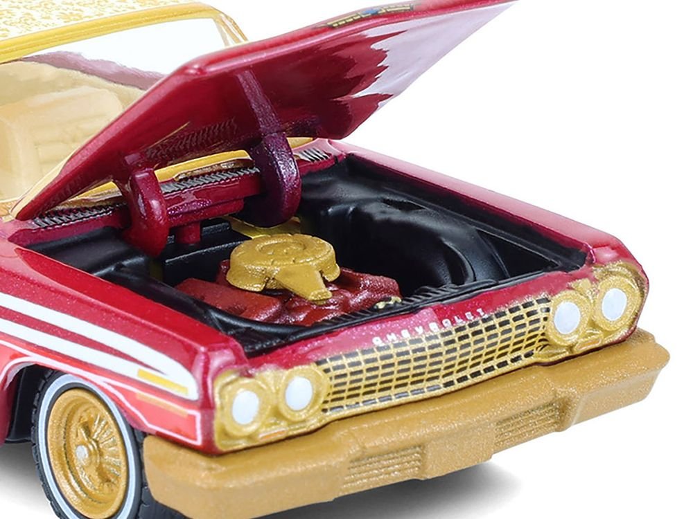 1963 Chevrolet Impala Lowrider "Michael Heralda Special Edition" Red Metallic with Cream Top and Interior with Gold Graphics "Hobby Exclusive" Series 1/64 Diecast Model Car by Greenlight view 2