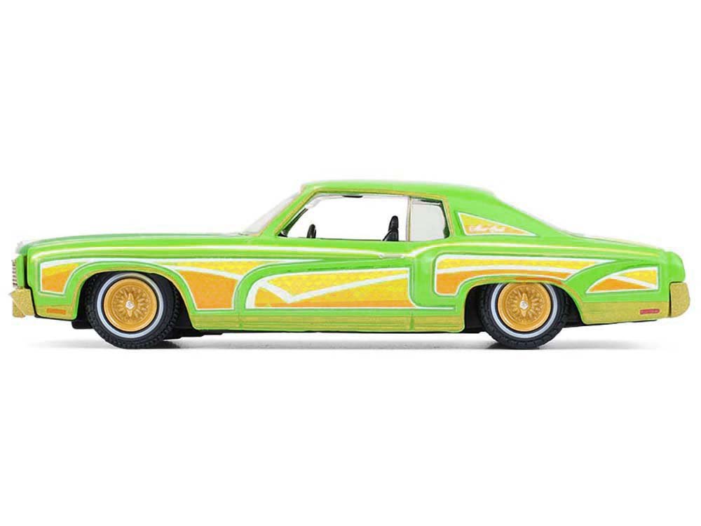 1970 Chevrolet Monte Carlo Lowrider "Michael Heralda Special Edition" Lime Green with Graphics "Hobby Exclusive" Series 1/64 Diecast Model Car by Greenlight view 3