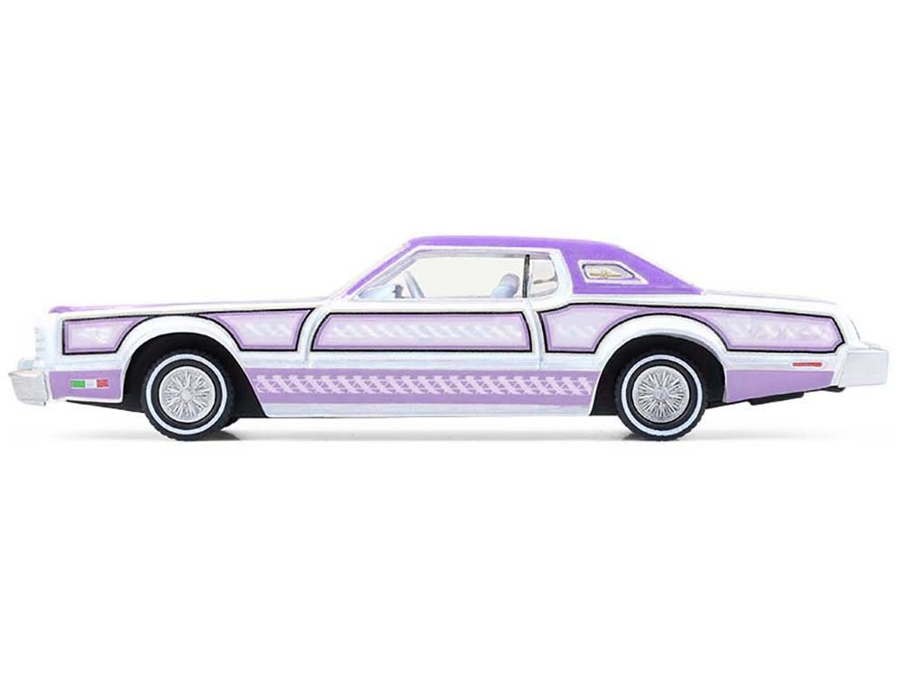 1973 Ford Thunderbird Lowrider "Michael Heralda Special Edition" Purple Metallic with Graphics and White Interior "Hobby Exclusive" Series 1/64 Diecast Model Car by Greenlight view 2