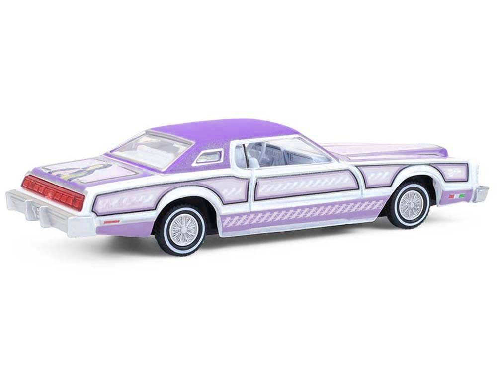 1973 Ford Thunderbird Lowrider "Michael Heralda Special Edition" Purple Metallic with Graphics and White Interior "Hobby Exclusive" Series 1/64 Diecast Model Car by Greenlight view 3