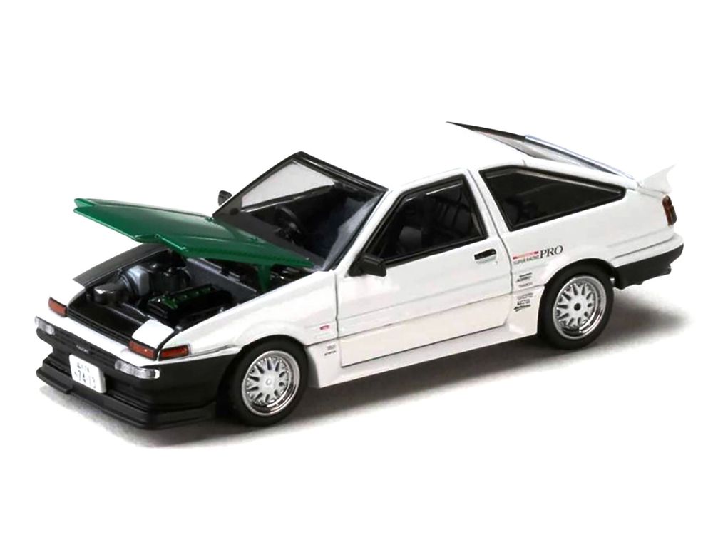Toyota Sprinter Trueno (AE86) RHD (Right Hand Drive) "Keiichi Tsuchiya - Dori Dori Mesh Wheels" White with Green Carbon Hood 1/64 Diecast Model Car by Hobby Japan view 2