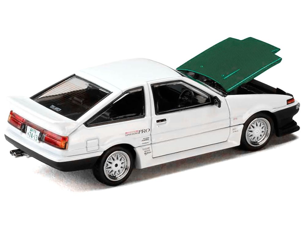 Toyota Sprinter Trueno (AE86) RHD (Right Hand Drive) "Keiichi Tsuchiya - Dori Dori Mesh Wheels" White with Green Carbon Hood 1/64 Diecast Model Car by Hobby Japan view 4