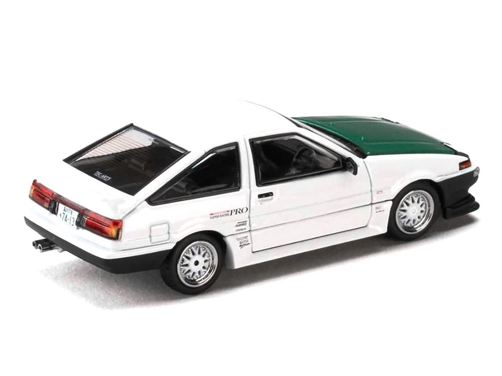 Toyota Sprinter Trueno (AE86) RHD (Right Hand Drive) "Keiichi Tsuchiya - Dori Dori Mesh Wheels" White with Green Carbon Hood 1/64 Diecast Model Car by Hobby Japan view 5