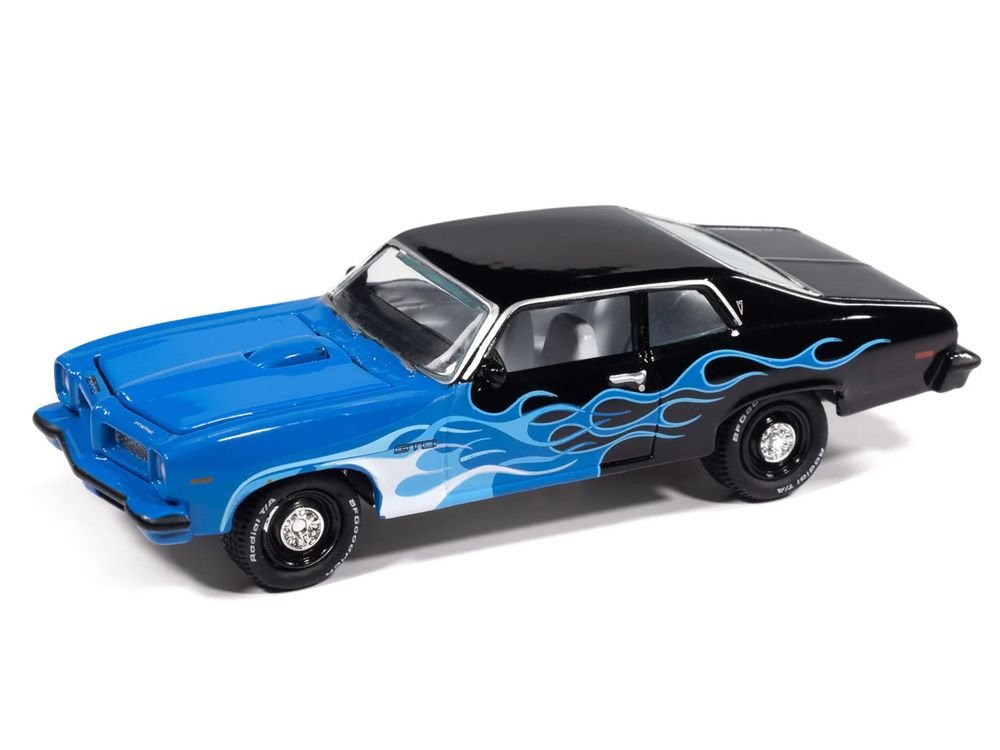 1974 Pontiac GTO Black and Blue with Blue Flame Graphics with White Interior "Black with Flames" Series 1/64 Diecast Model Car by Johnny Lightning view 2