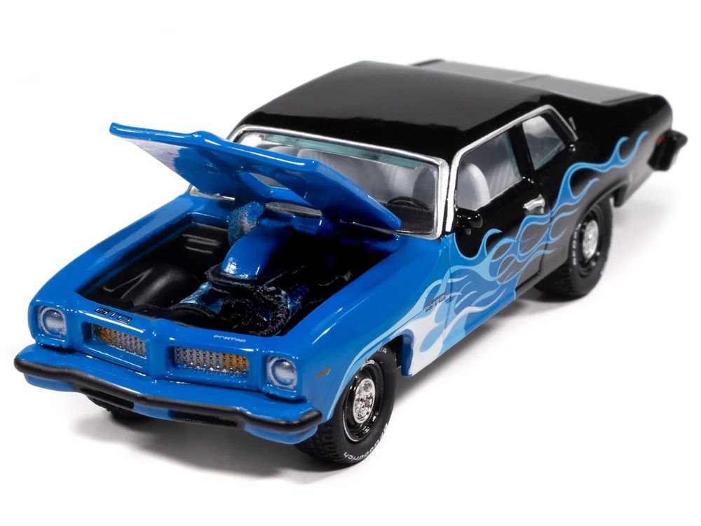 1974 Pontiac GTO Black and Blue with Blue Flame Graphics with White Interior "Black with Flames" Series 1/64 Diecast Model Car by Johnny Lightning view 3