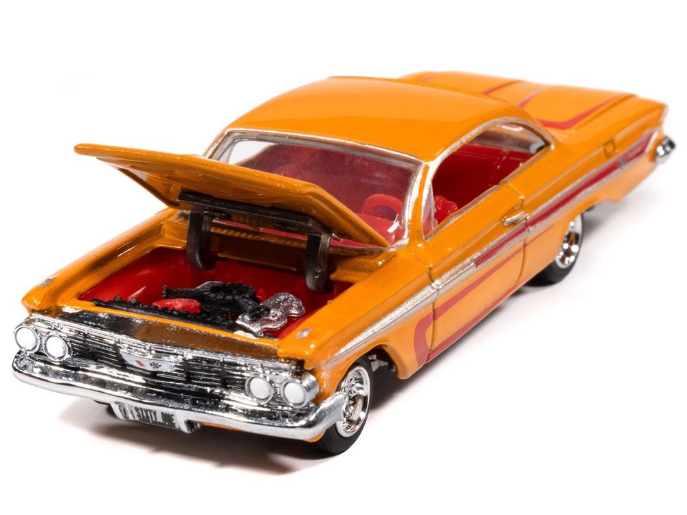 1961 Chevrolet Impala SS 409 Yellow Metallic with Red Stripes and Interior "Scrapin" Series 1/64 Diecast Model Car by Johnny Lightning view 3
