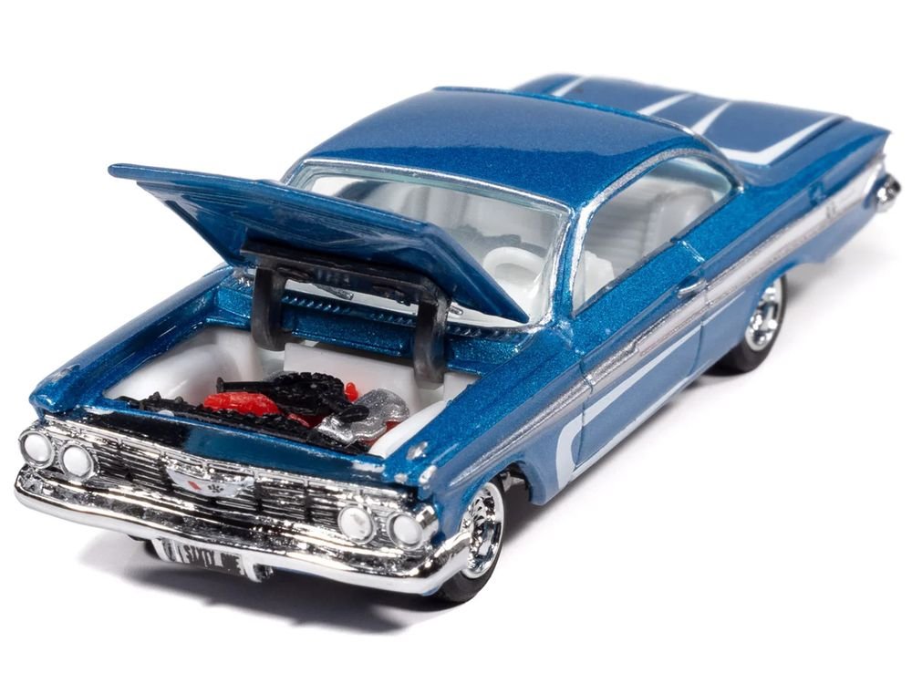 1961 Chevrolet Impala SS 409 Blue Metallic with White Stripes and Interior "Scrapin'" Series 1/64 Diecast Model Car by Johnny Lightning view 3