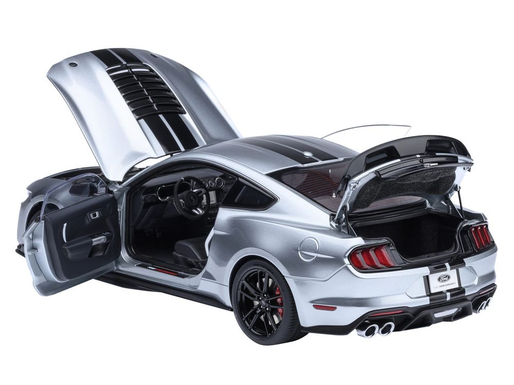 Ford Mustang Shelby GT500 Iconic Silver Metallic with Black Stripes 1/18 Model Car by Autoart view 2