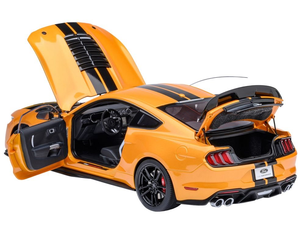 Ford Mustang Shelby GT500 Cyber Orange Metallic with Black Stripes 1/18 Model Car by Autoart view 2