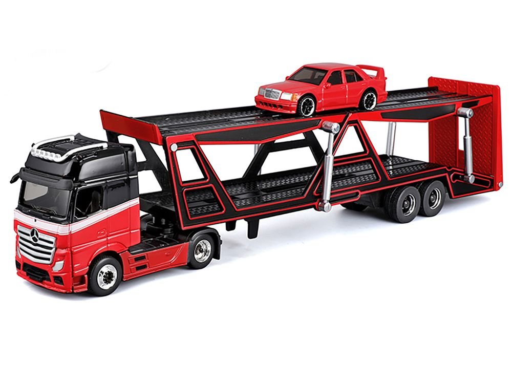 Mercedes-Benz Actros Open Car Hauler Red and Black with White Stripes and 1990 Mercedes-Benz 190E Red "Transporters" Series 1/64 Diecast Models by Maisto view 2
