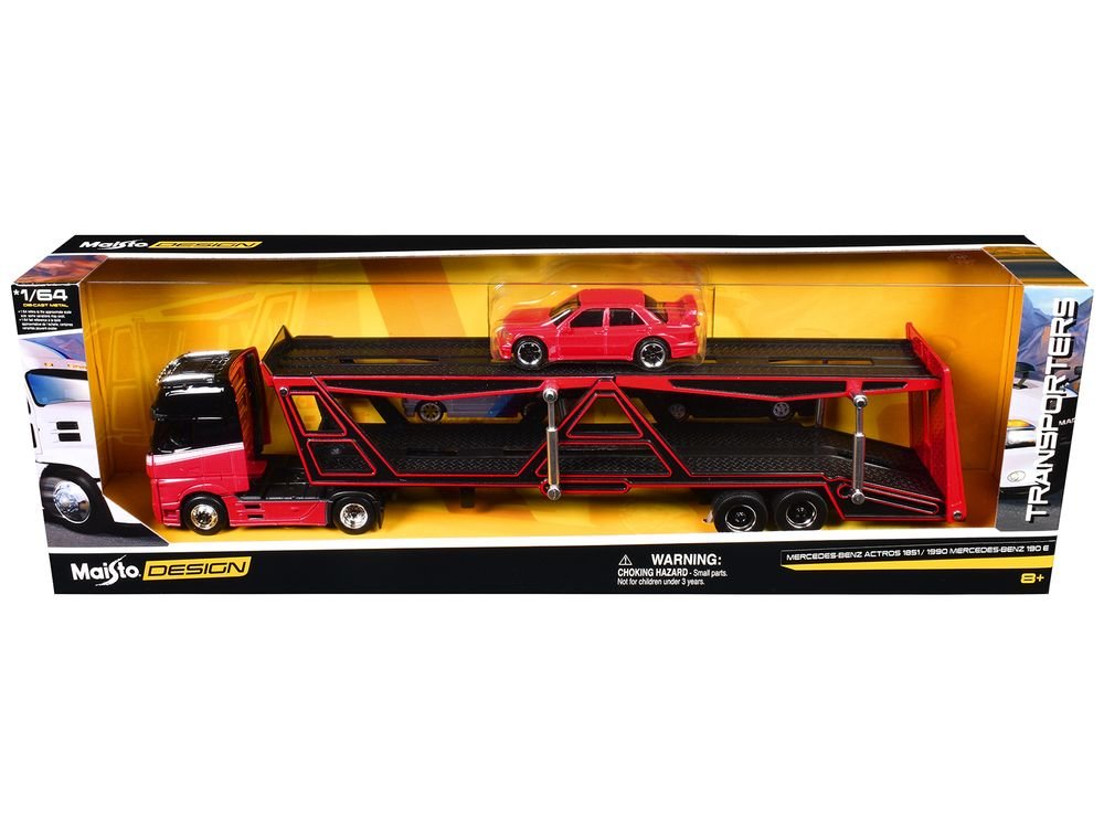 Mercedes-Benz Actros Open Car Hauler Red and Black with White Stripes and 1990 Mercedes-Benz 190E Red "Transporters" Series 1/64 Diecast Models by Maisto view 3