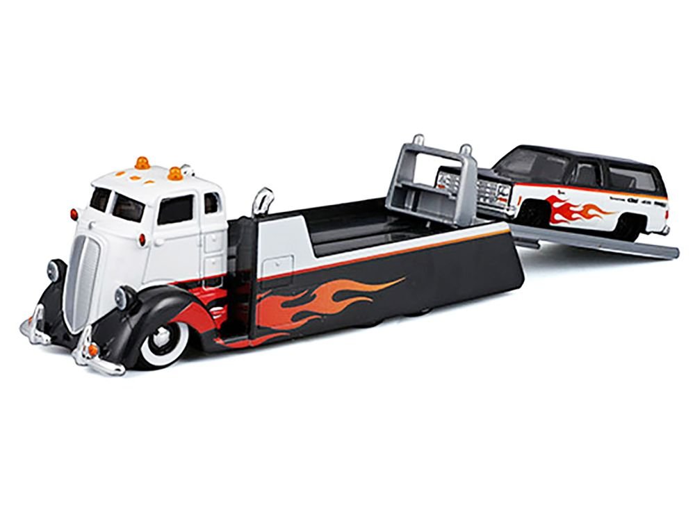 COE Flatbed Truck White and Black with Flame Graphics and 1979 Chevrolet K5 Blazer Black and White with Flame Graphics "Elite Transport" Series 1/64 Diecast Models by Maisto view 2