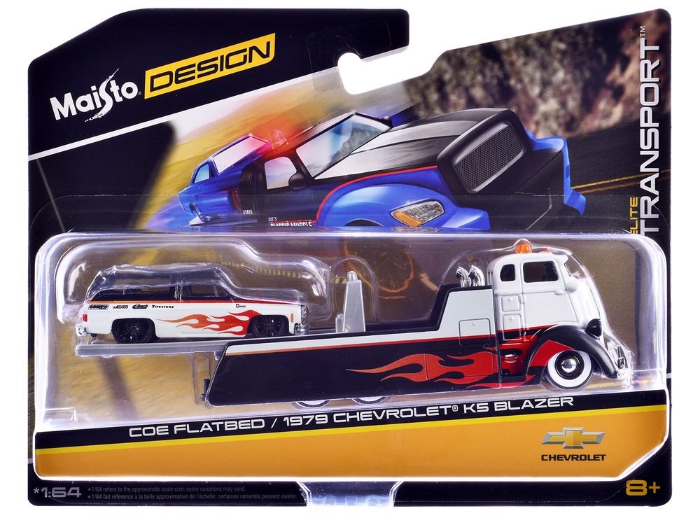 COE Flatbed Truck White and Black with Flame Graphics and 1979 Chevrolet K5 Blazer Black and White with Flame Graphics "Elite Transport" Series 1/64 Diecast Models by Maisto view 3