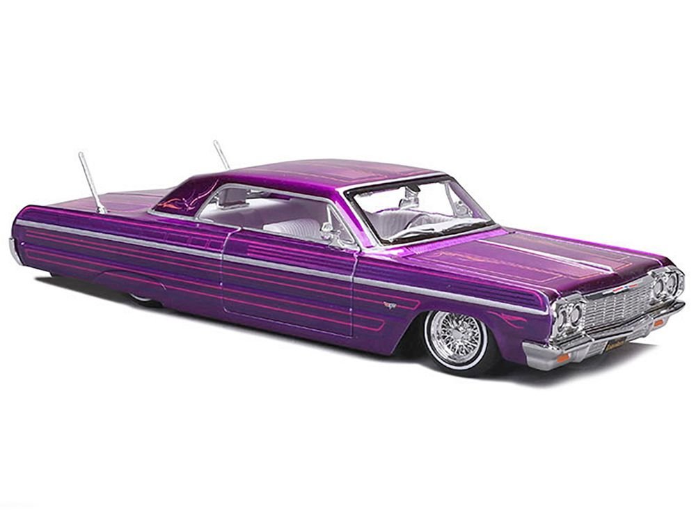 1964 Chevrolet Impala SS Lowrider Candy Purple with Graphics and White Interior "Lowriders" "Maisto Design" Series 1/26 Diecast Model Car by Maisto view 4