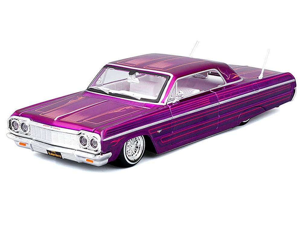 1964 Chevrolet Impala SS Lowrider Candy Purple with Graphics and White Interior "Lowriders" "Maisto Design" Series 1/26 Diecast Model Car by Maisto view 5