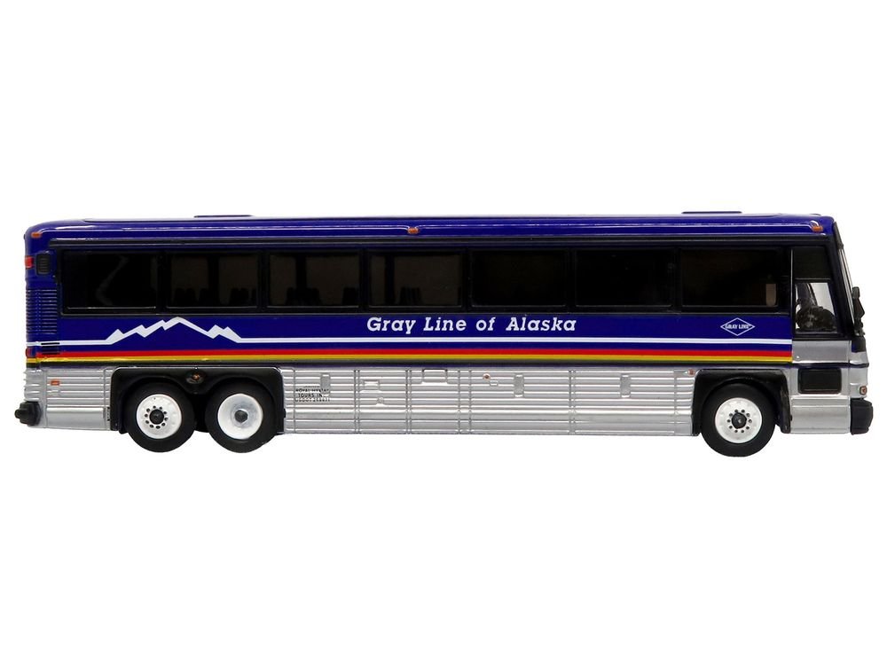2001 MCI D4000 Coach Bus "Gray Line of Alaska" Dark Blue with Stripes "Vintage Bus & Motorcoach Collection" Limited Edition to 504 pieces Worldwide 1/87 (HO) Diecast Model by Iconic Replicas view 2