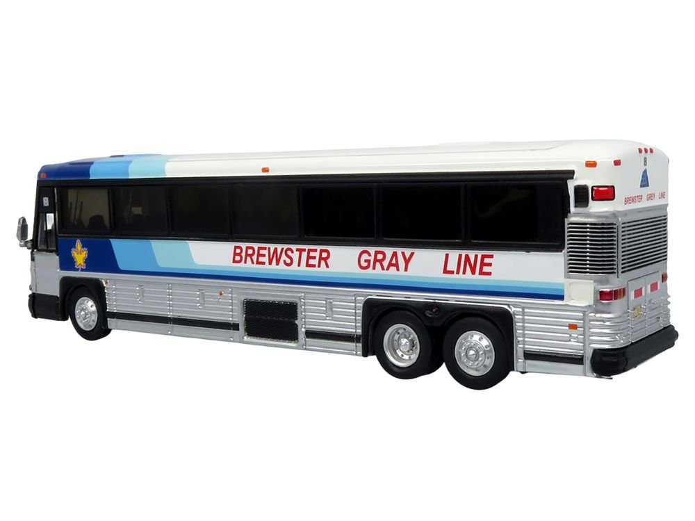 2001 MCI D4000 Coach Bus "Brewster Gray Line" White with Blue Stripes "Vintage Bus & Motorcoach Collection" Limited Edition to 504 pieces Worldwide 1/87 (HO) Diecast Model by Iconic Replicas view 3
